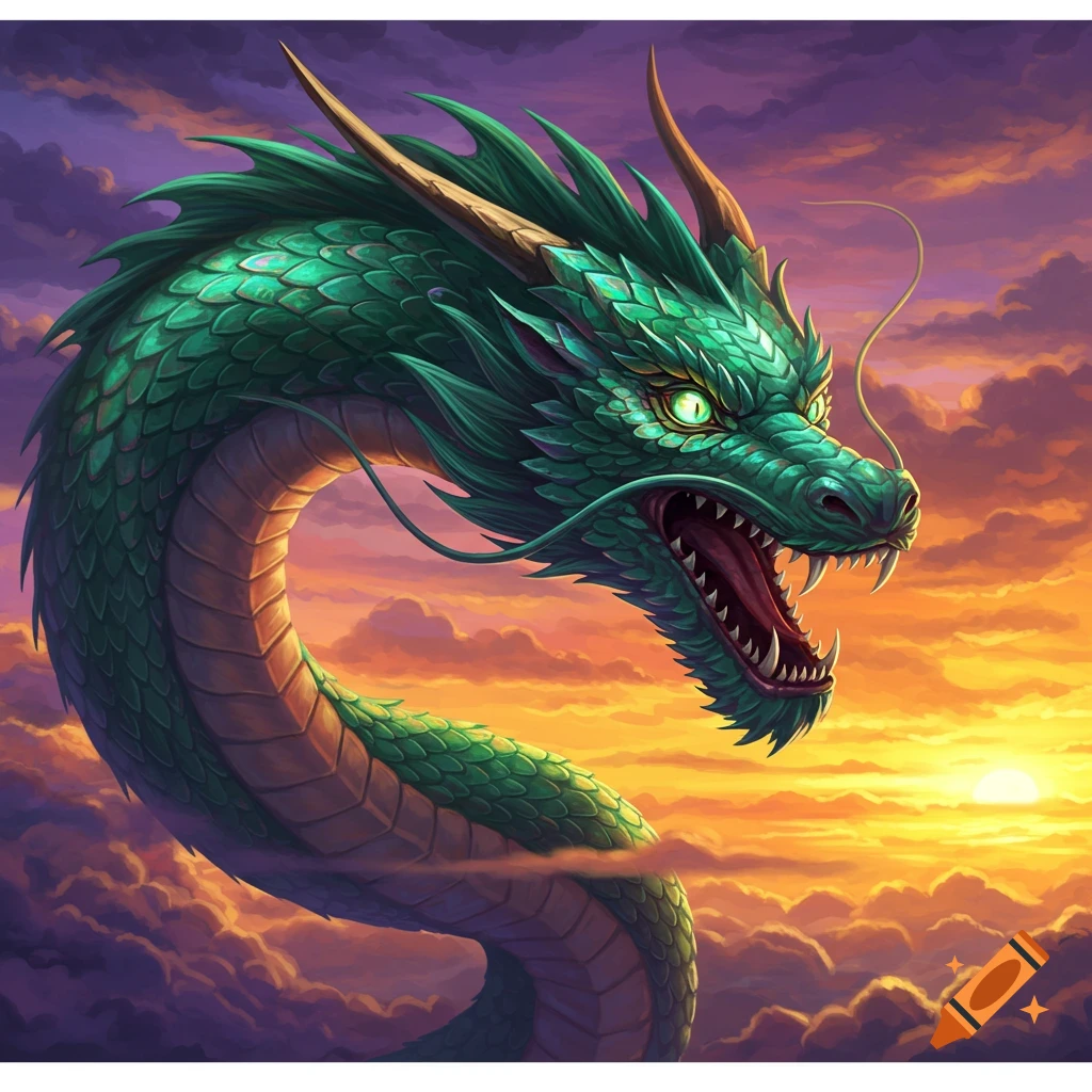 Green dragon emerges from clouds at sunset