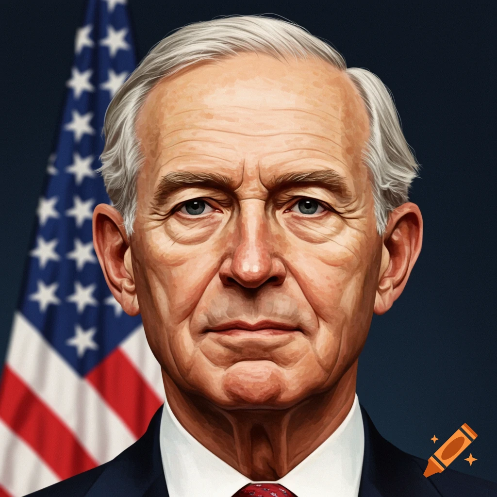 Stylized portrait of a man with gray hair in a suit and tie against a US flag.
