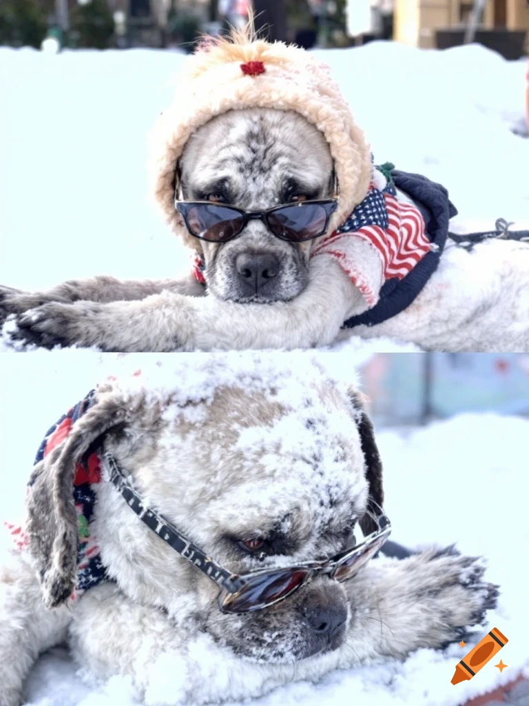 A large dog wears a hat, sunglasses, and an American flag vest while lying in the snow.