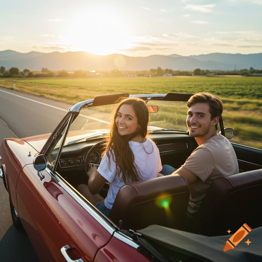 A couple smiles while driving in a red convertible car at sunset.