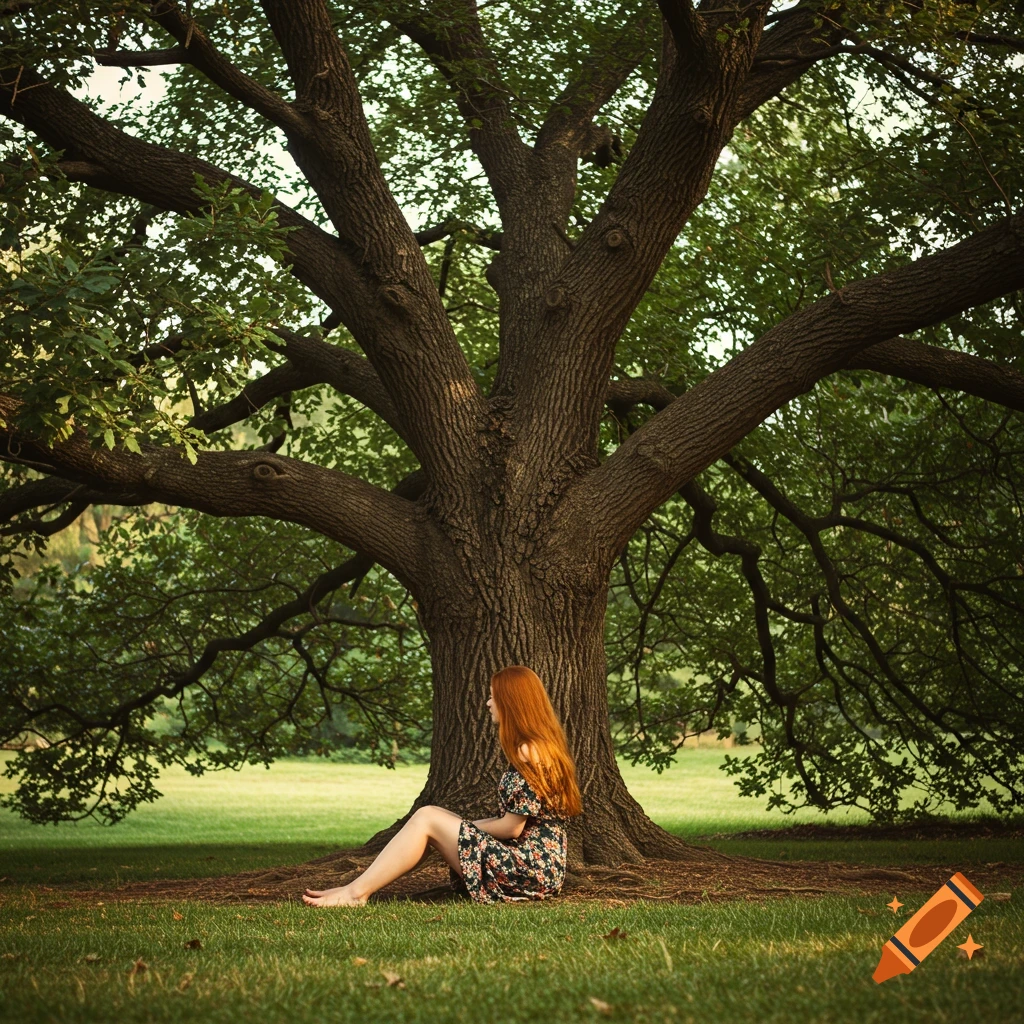 A woman with long red hair sits under a large tree in a park, filtered like Kodak Portra.