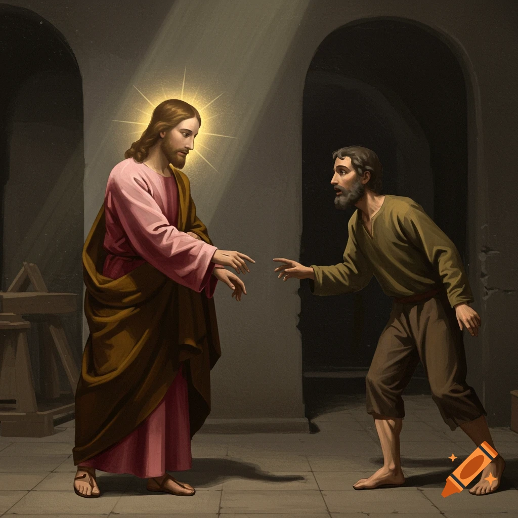 Jesus reaches out to a man in a room, modern religious painting