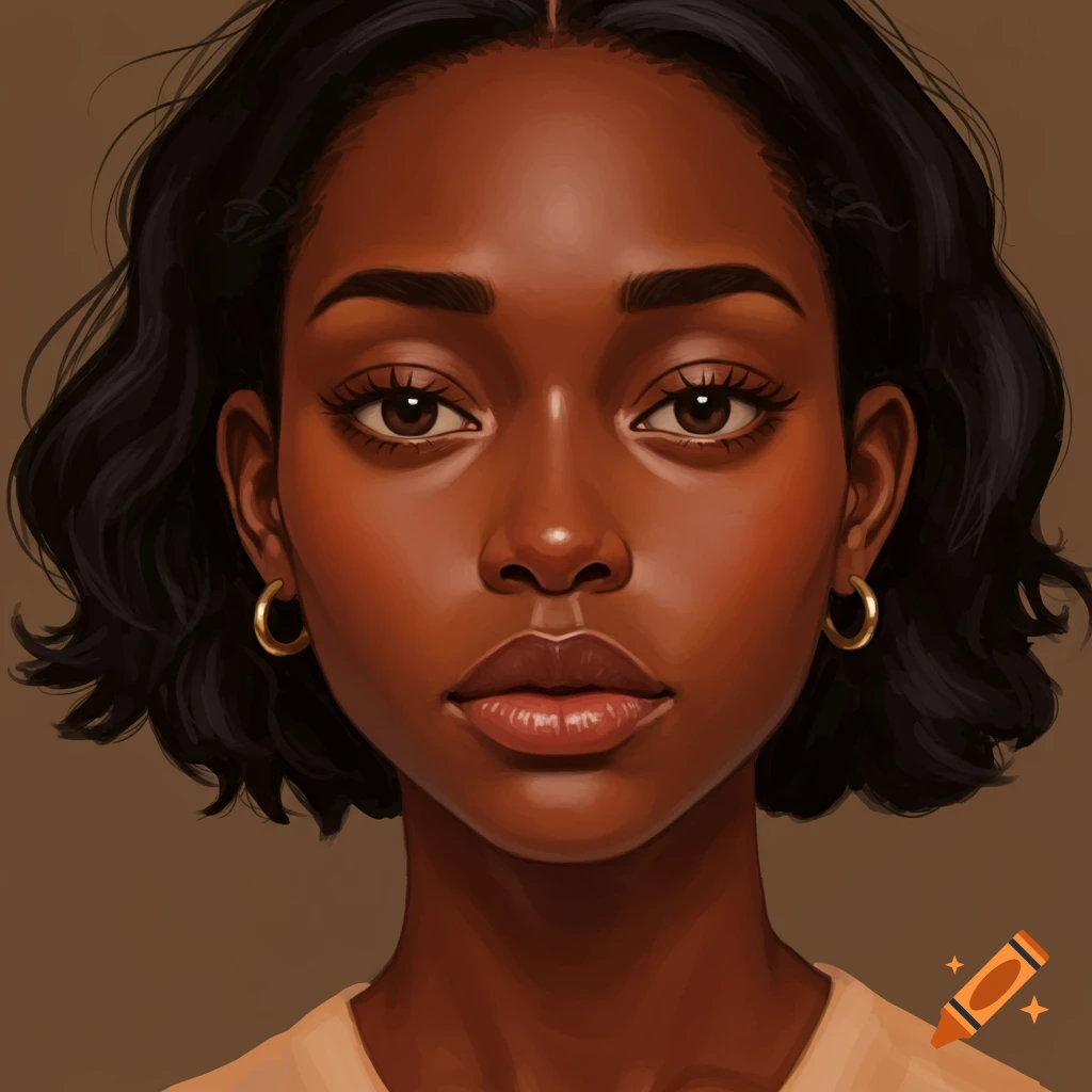 Close-up illustration of a young Black woman's face with short dark hair and gold hoop earrings.