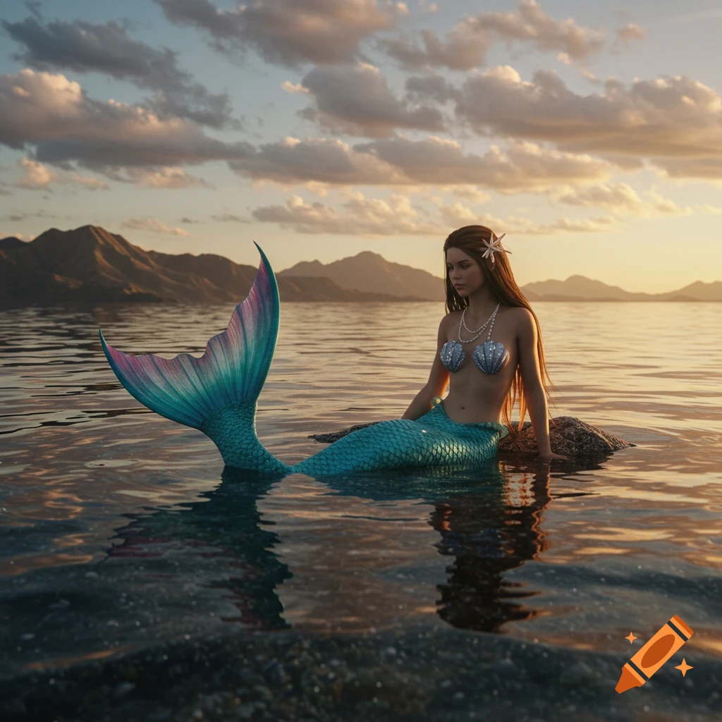 Photorealistic image of a mermaid sitting on a rock in a lake at sunset with mountains in the background.