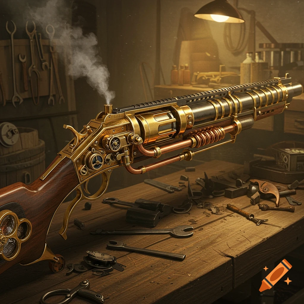 Detailed steampunk rifle rests on a wooden workbench with scattered tools and parts, emitting a puff of steam.