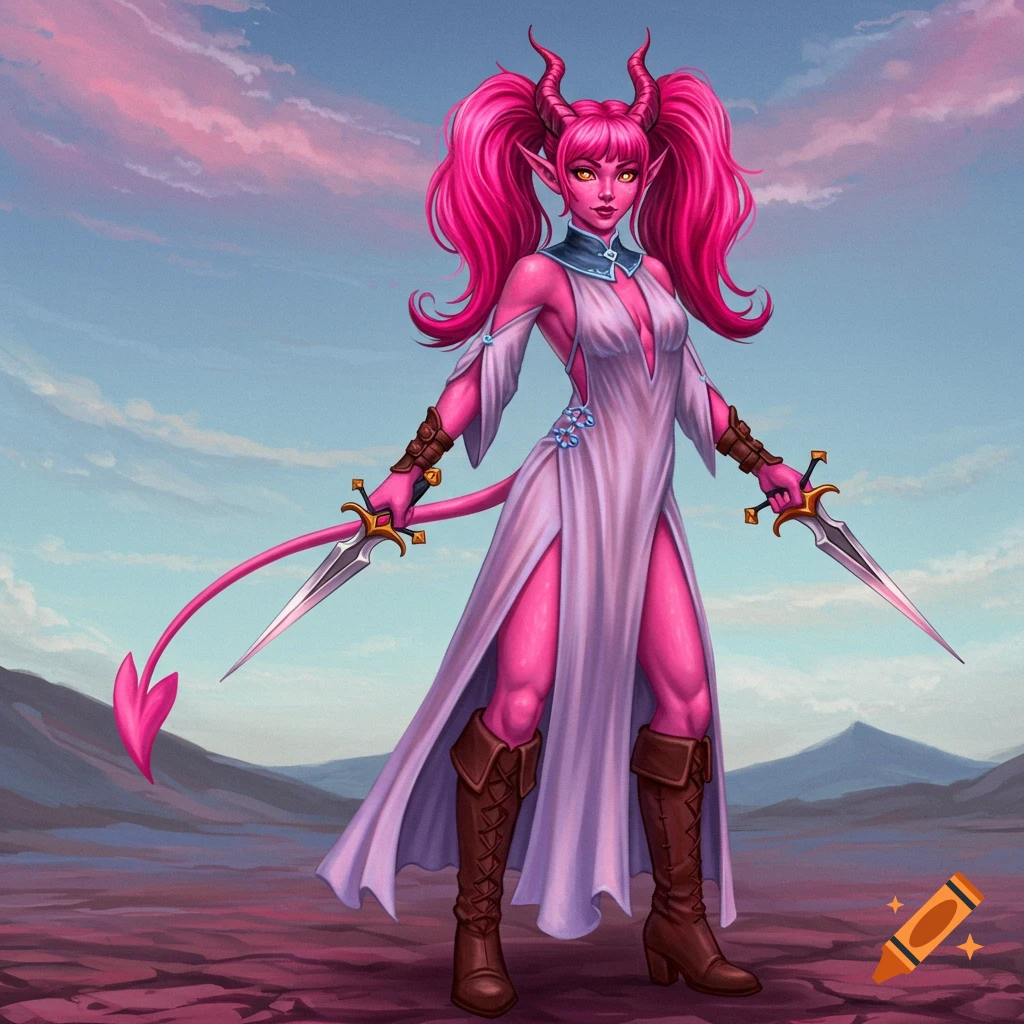 Illustration of a pink-skinned tiefling woman with pink pigtails and horns, holding two daggers, standing in a rocky landscape.