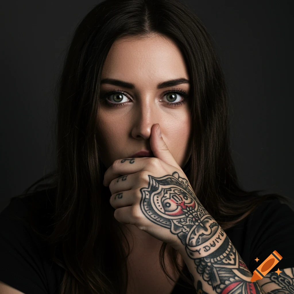 Close-up photorealistic portrait of a woman covering her mouth with a hand featuring traditional tattoos