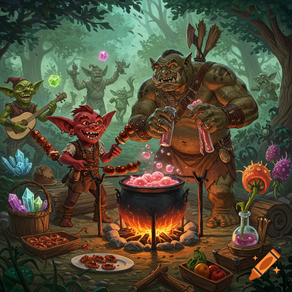 Fantasy illustration of goblins and an orc cooking over a campfire in a forest while other goblins play music and dance.