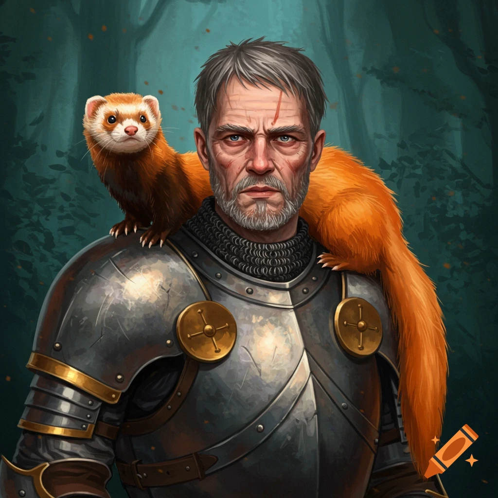 Portrait of a grizzled knight in armor with an orange ferret on his shoulder in a forest.