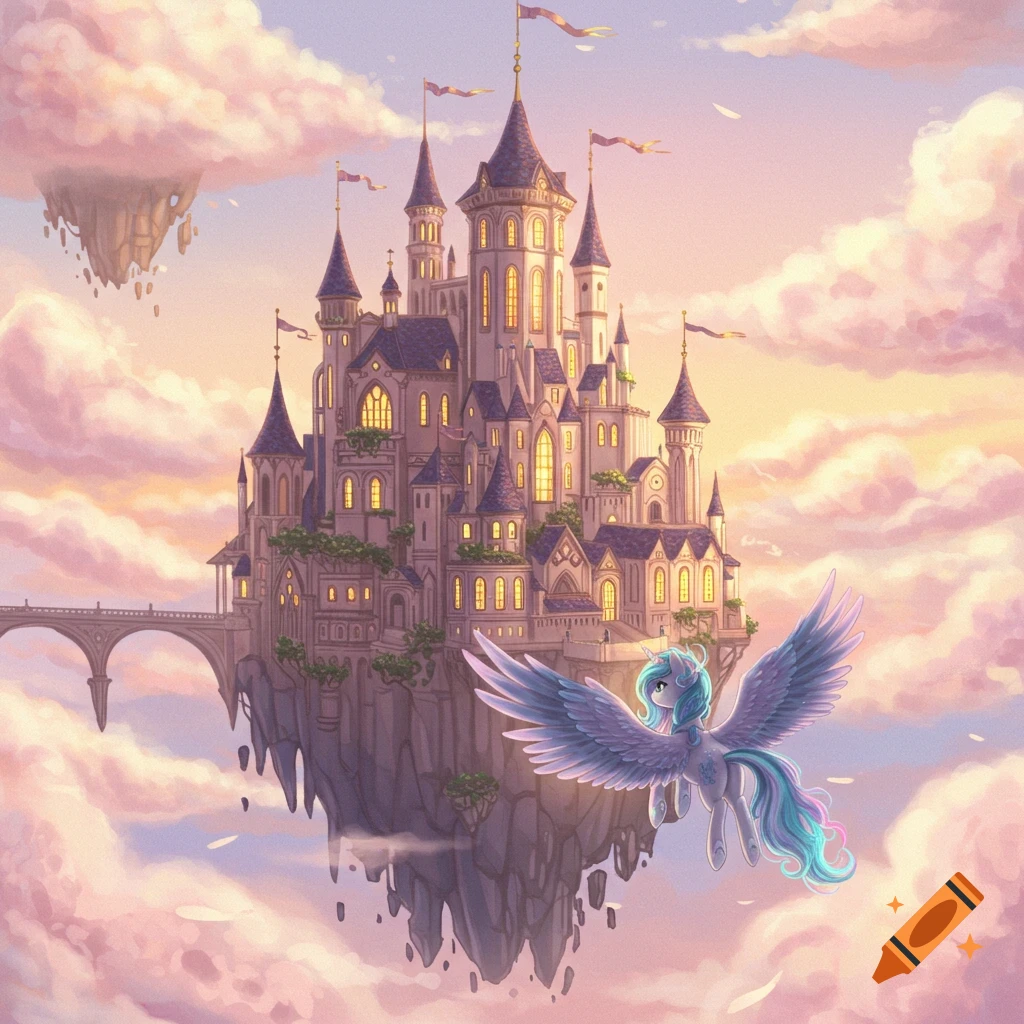 A winged pony flies in front of a large fantasy castle floating on an island in a sky filled with pink clouds.