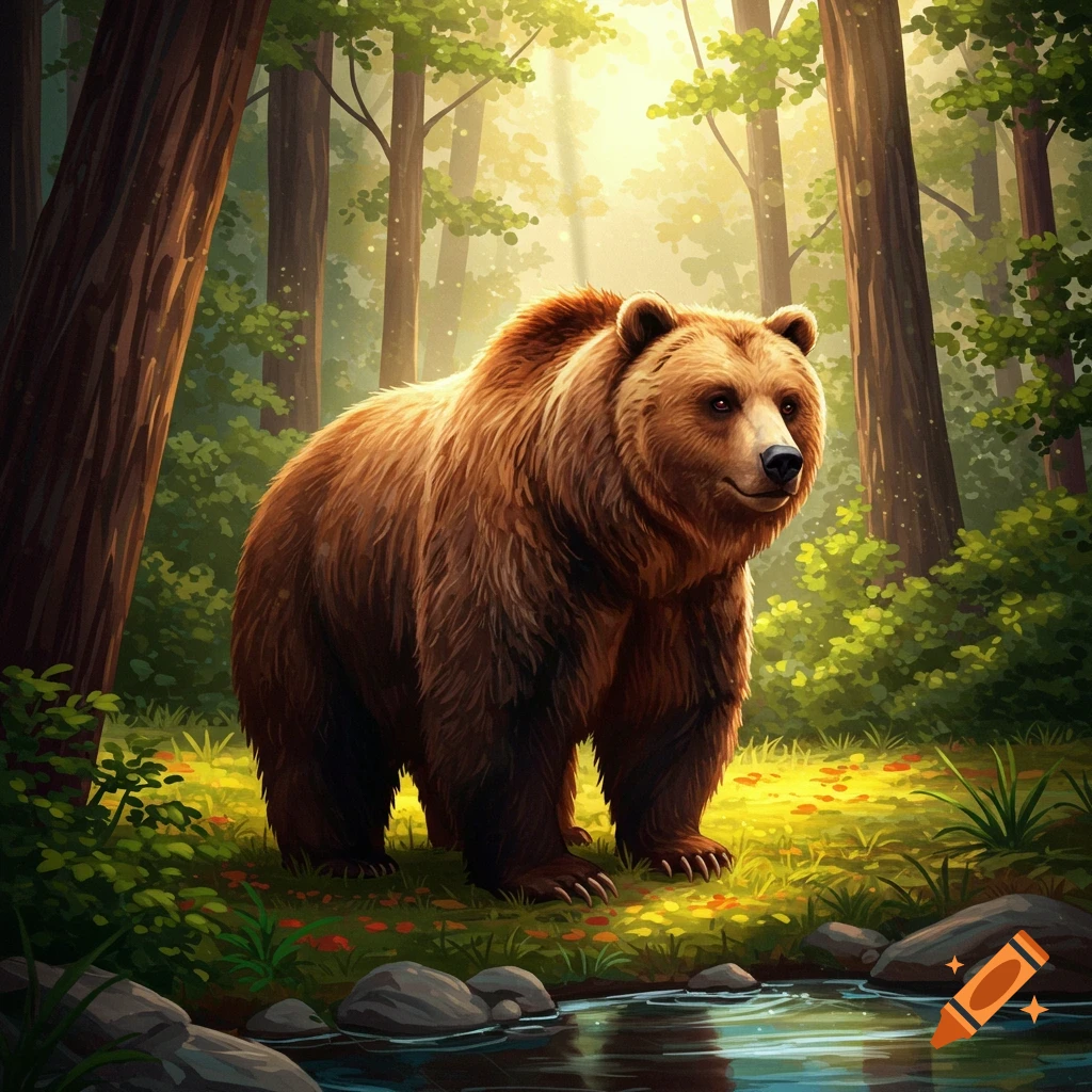 A brown bear stands in a sunlit forest clearing next to a stream.