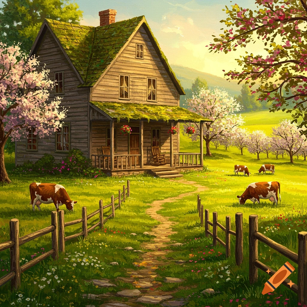 A rustic wooden house with cows grazing in a sunny spring meadow filled with flowers and blossoming trees.