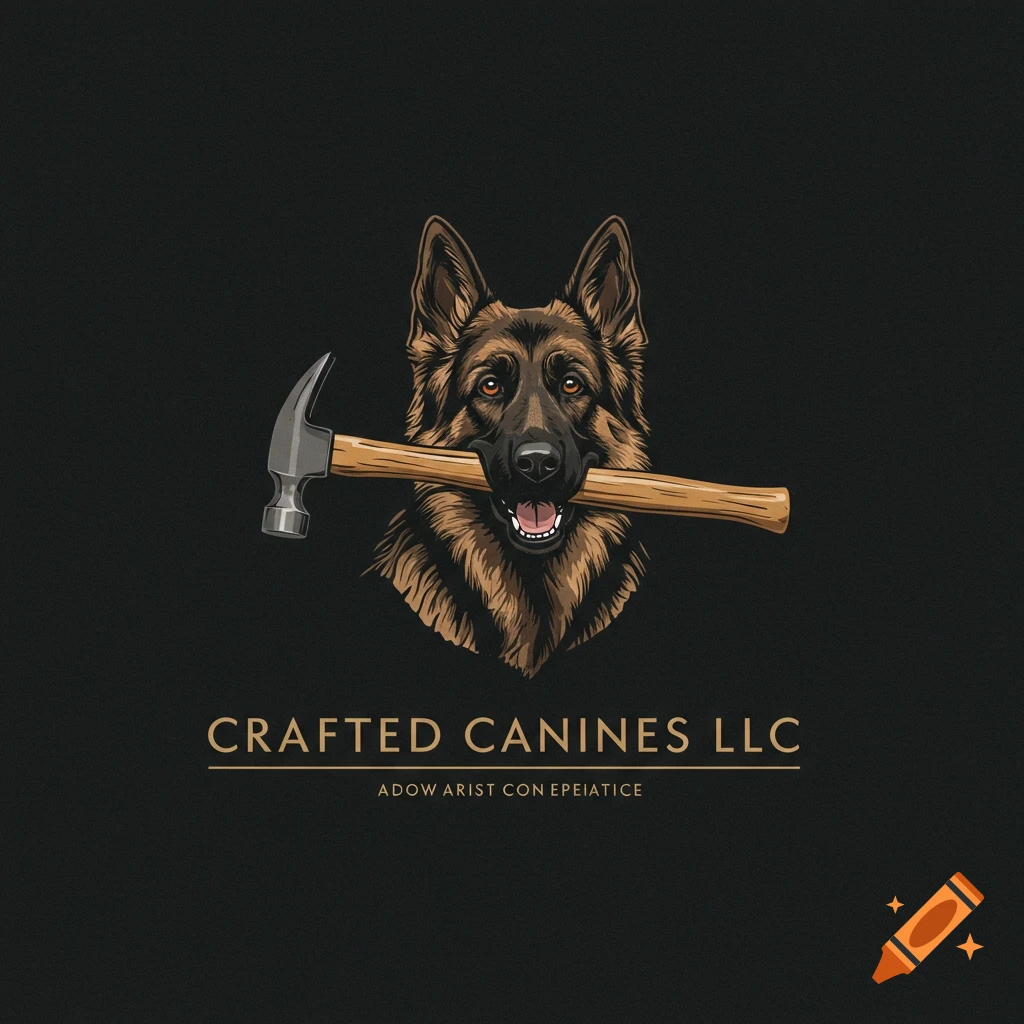 Illustration of a German Shepherd dog holding a hammer in its mouth, with text below.