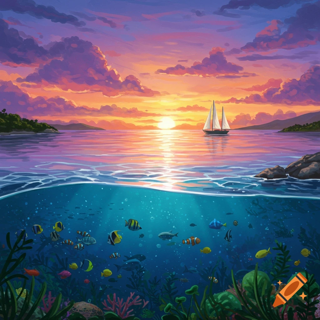 Split view of ocean: sailboat at sunset above, colorful fish underwater below in illustrative style.