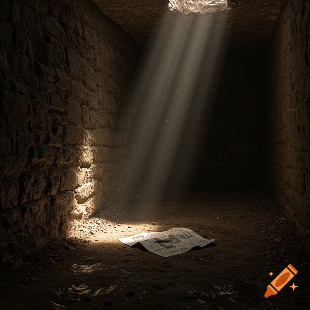 Ray of light shines into a dark, dusty dungeon cell, illuminating a crumpled newspaper on the dirt floor.