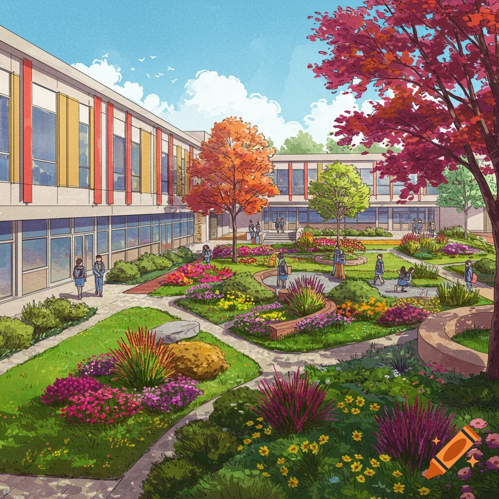 School building exterior with garden