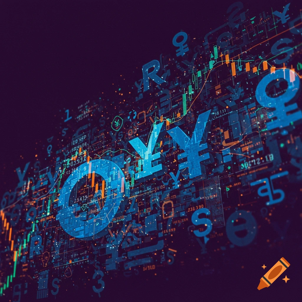 Abstract digital art with currency symbols and charts representing financial data.