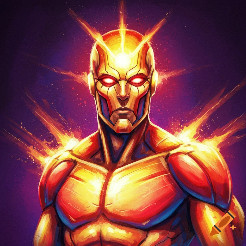 Stylized illustration of a superhero figure with glowing eyes and sun energy.