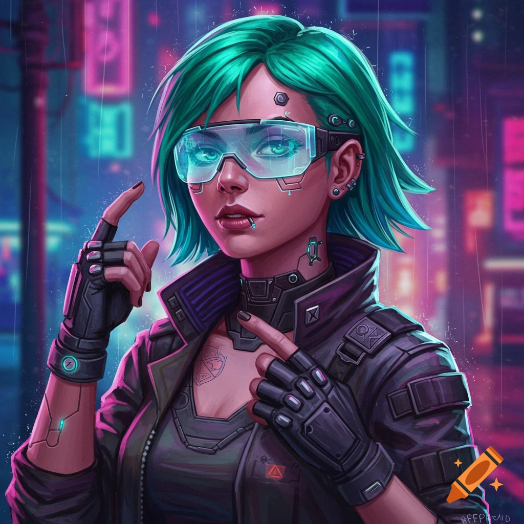 Portrait of a woman with green hair and glasses in cyberpunk attire in a rainy city.