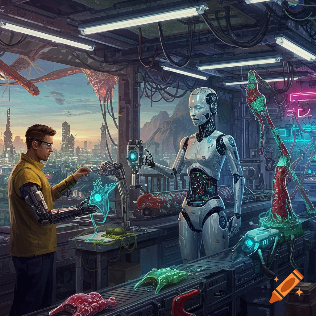 A human and robot work with biological materials in a surreal futuristic factory.