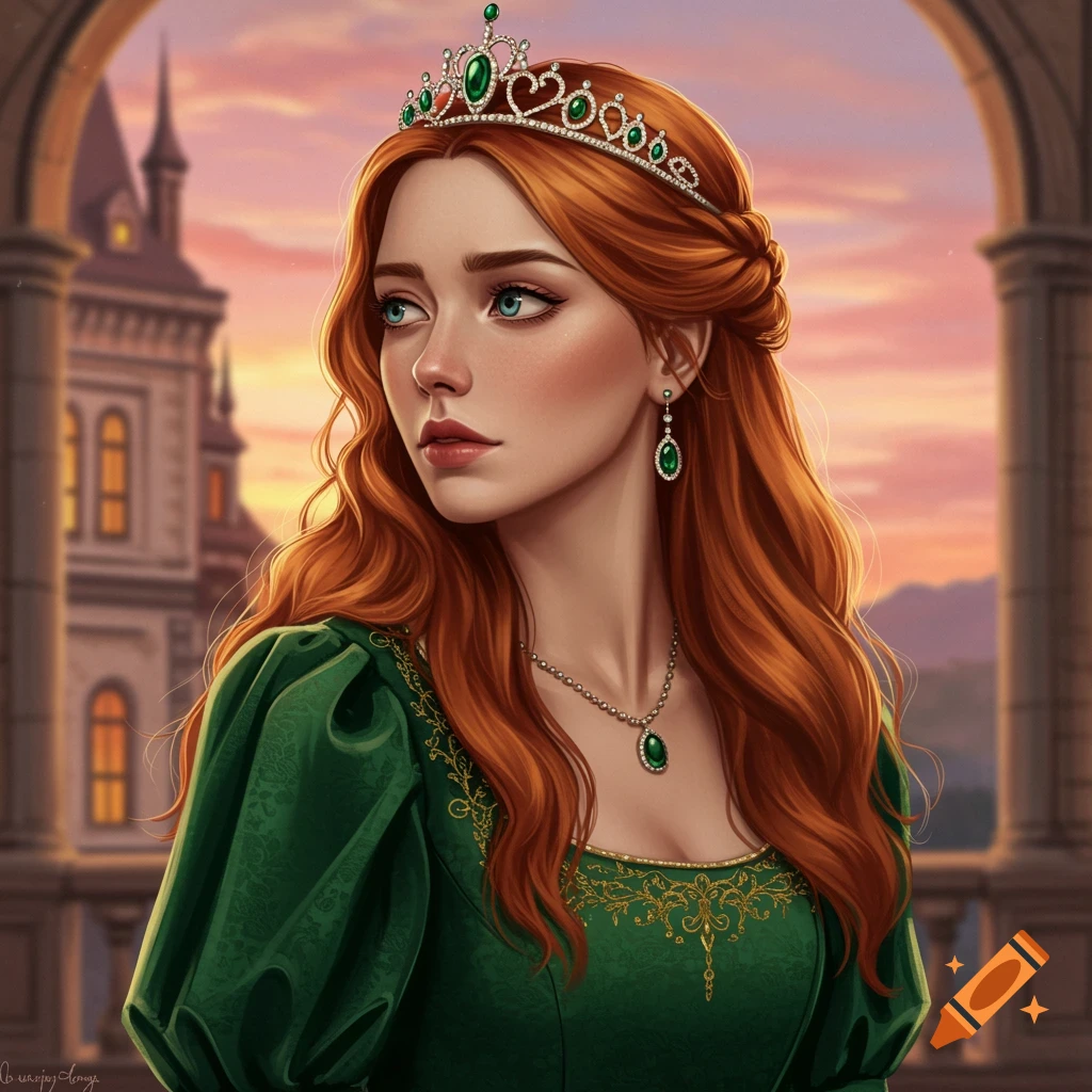 Illustration of a princess with red hair, green dress and tiara, looking left, with a castle background at sunset.