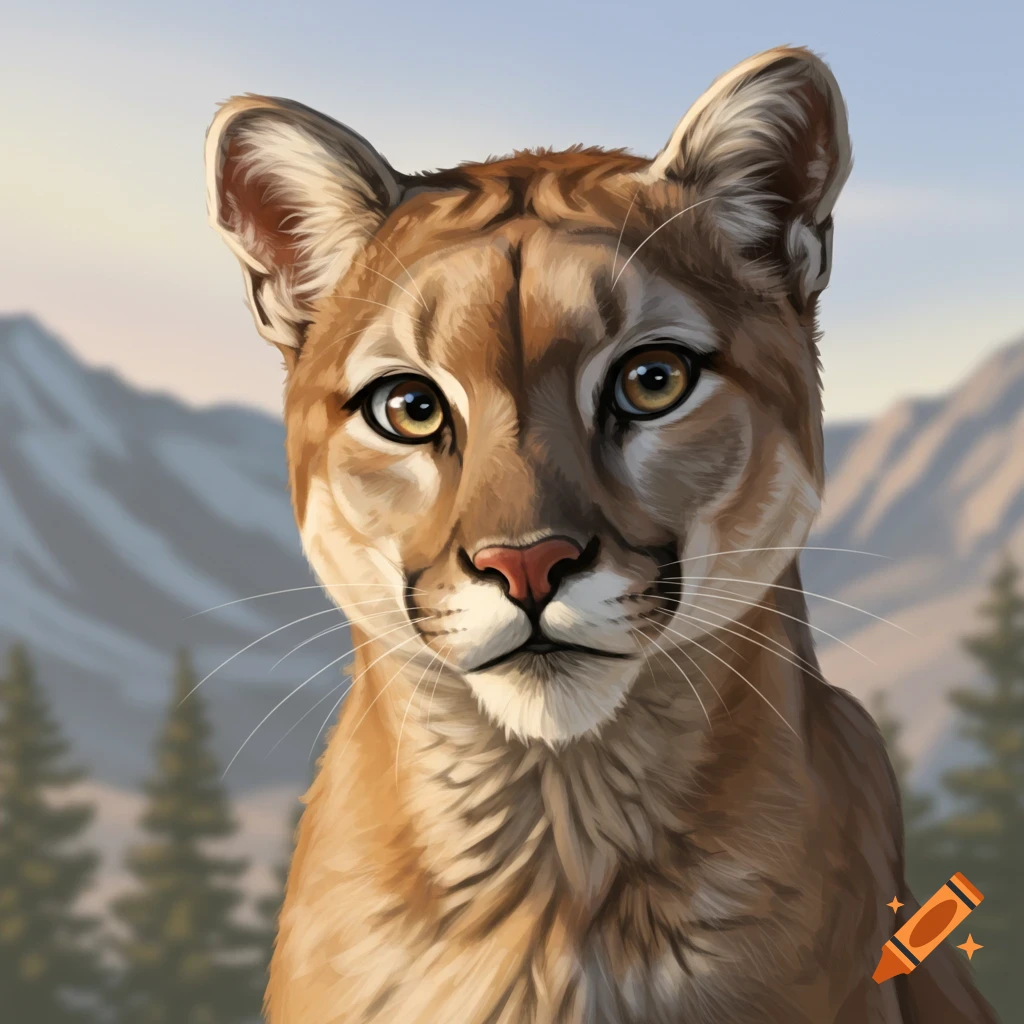 Close-up portrait of a mountain lion with mountains and trees in the background.