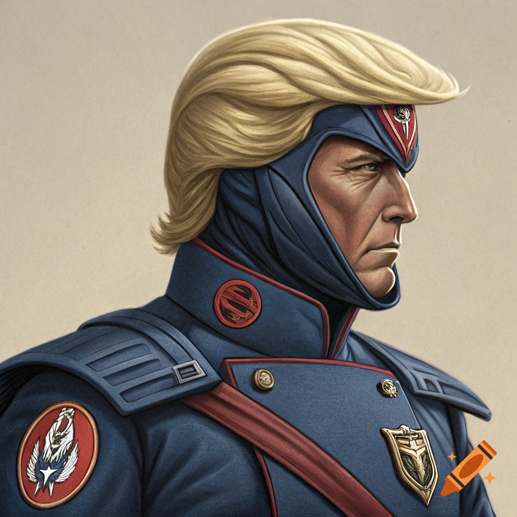 Illustration of a man resembling Donald Trump in a blue superhero uniform with blonde hair.