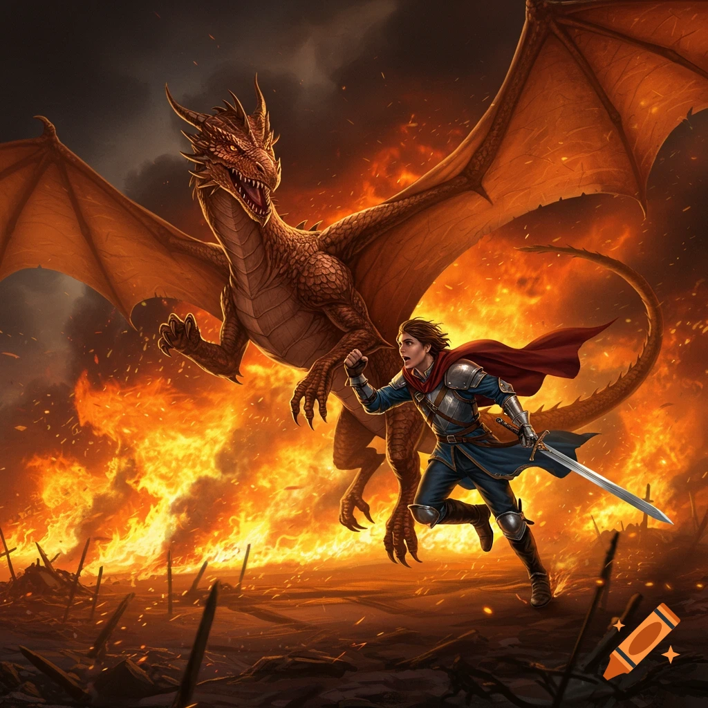 A person in armor runs from a large dragon surrounded by fire and swords stuck in the ground.