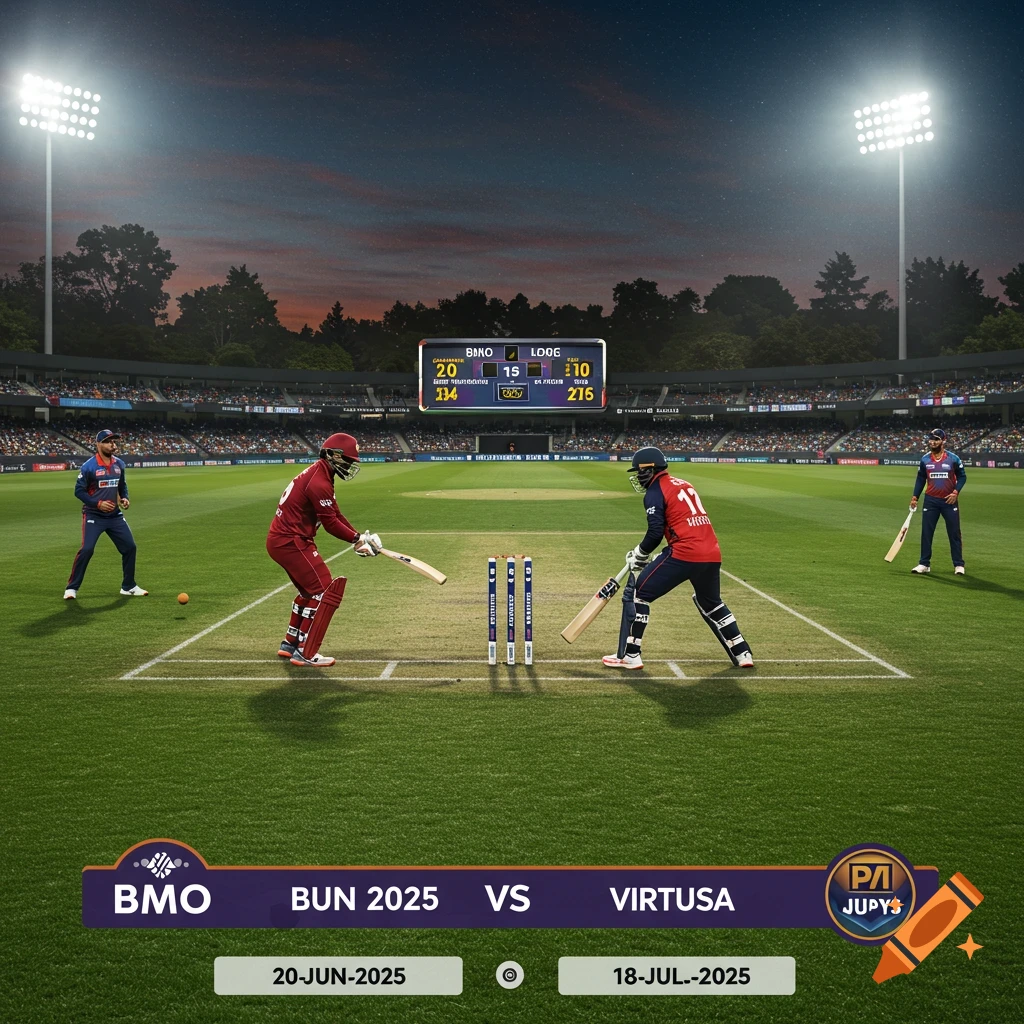 Cricket match between BMO and Virtusa at evening with stadium lights and scoreboard displaying match dates.