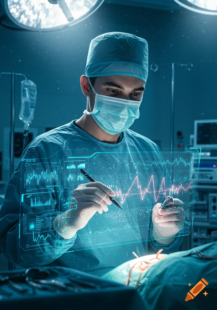 A surgeon in an operating room examines a holographic display showing medical data.