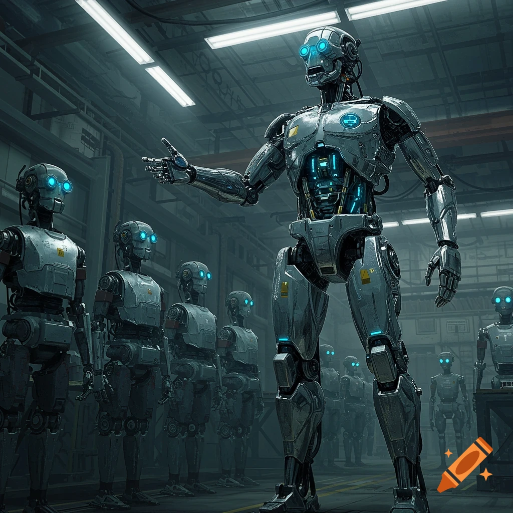A large robot leader speaks to a line of smaller robots in a factory.