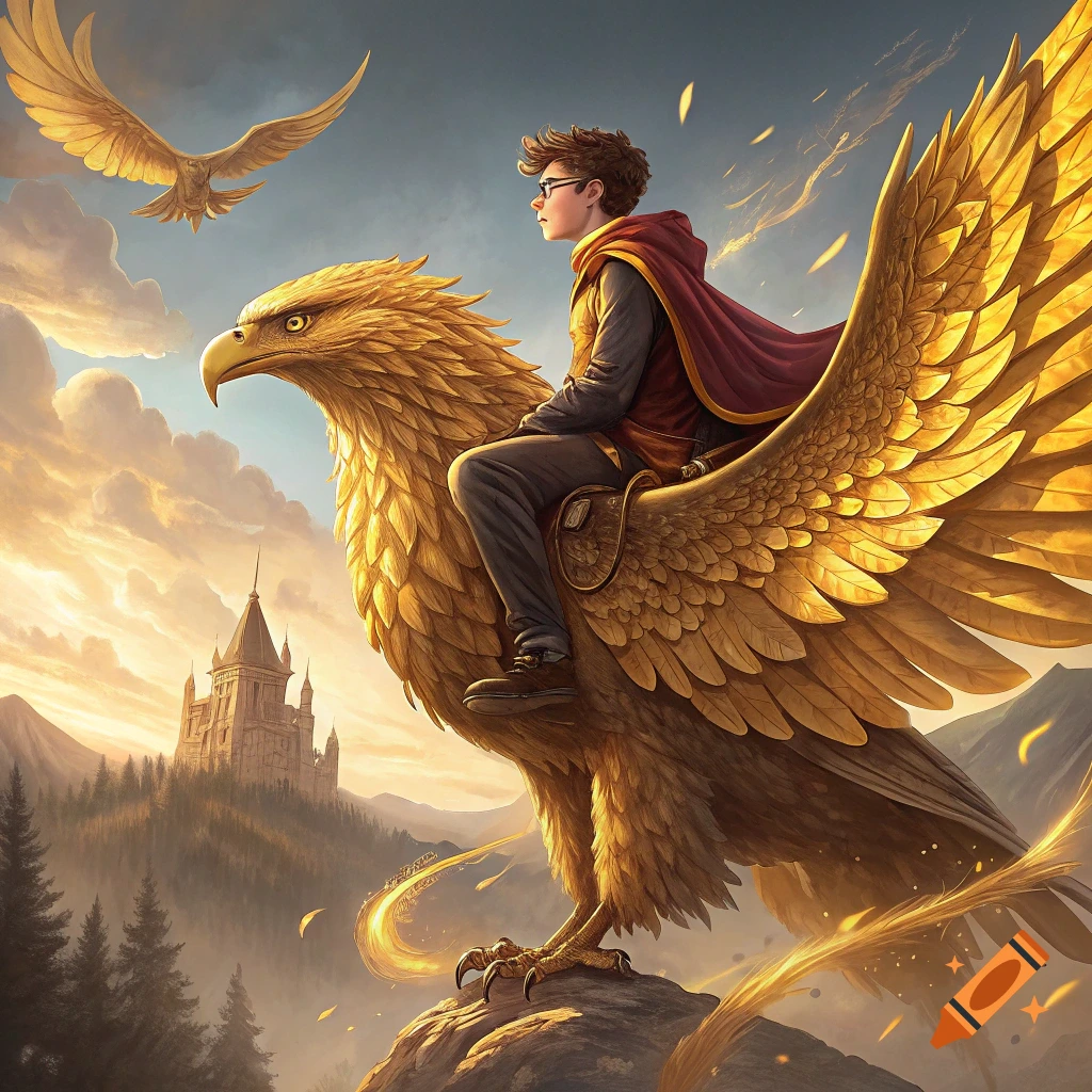 A young man with glasses and a cape rides a large golden bird creature over a fantasy landscape with a castle.