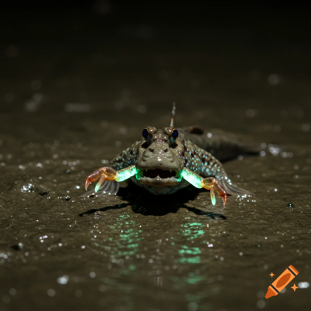 Mudskipper fish with glowing green bioluminescent lure and crab-like claws on muddy ground.