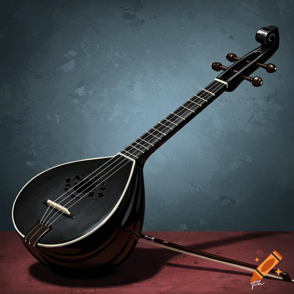A black Setar musical instrument with a bow