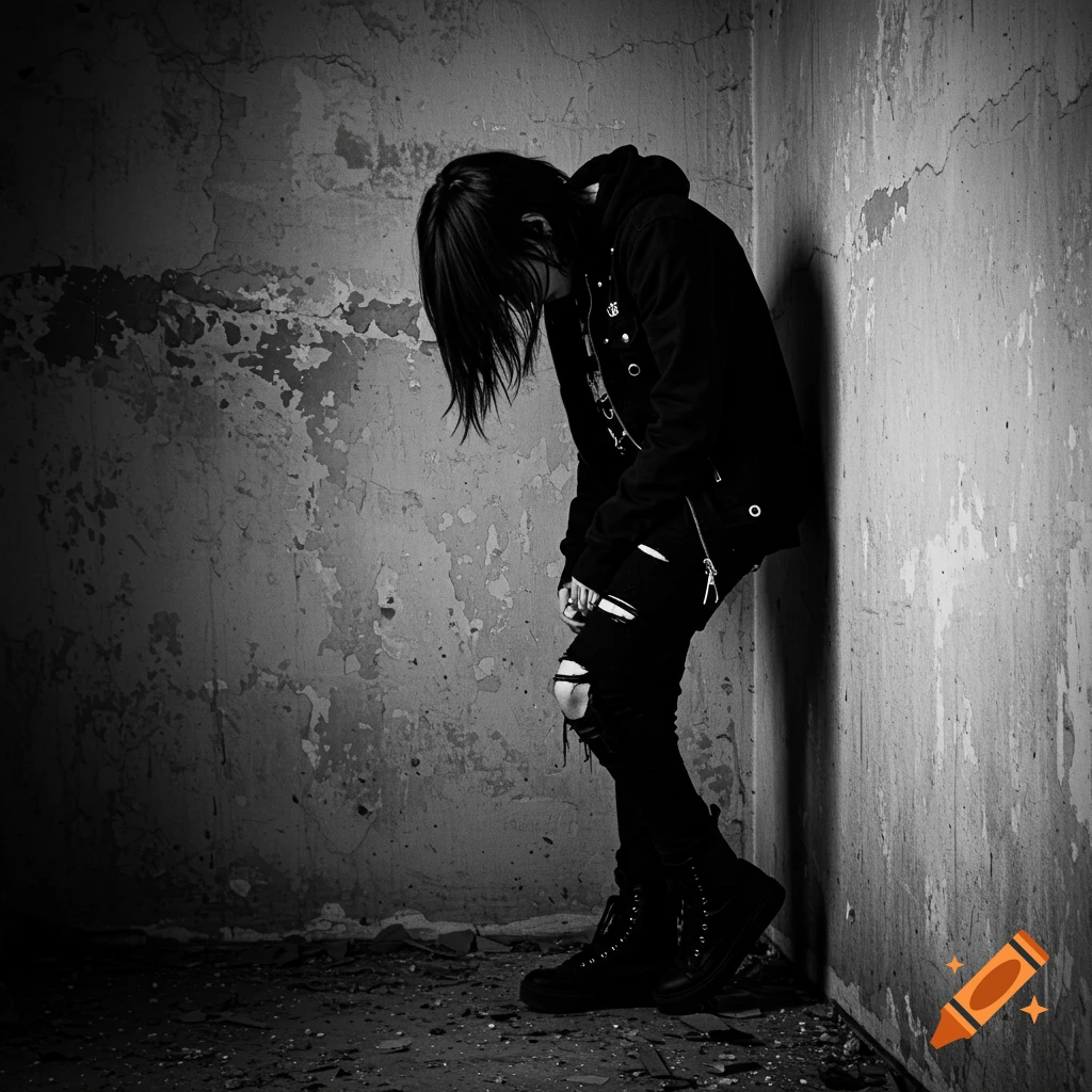 Black and white photo of a sad emo person leaning against a dirty wall, looking down.
