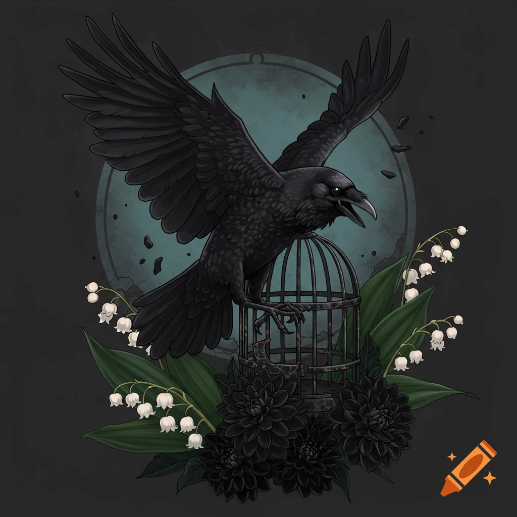 Illustration of a black raven perched on a broken cage, surrounded by lily of the valley and black dahlias.