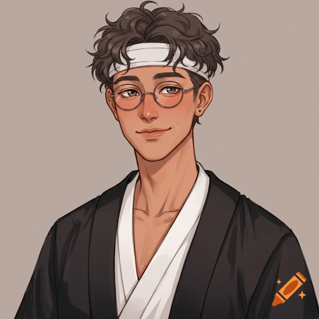 An anime-style illustration of a man with glasses, a headband, and a black robe.