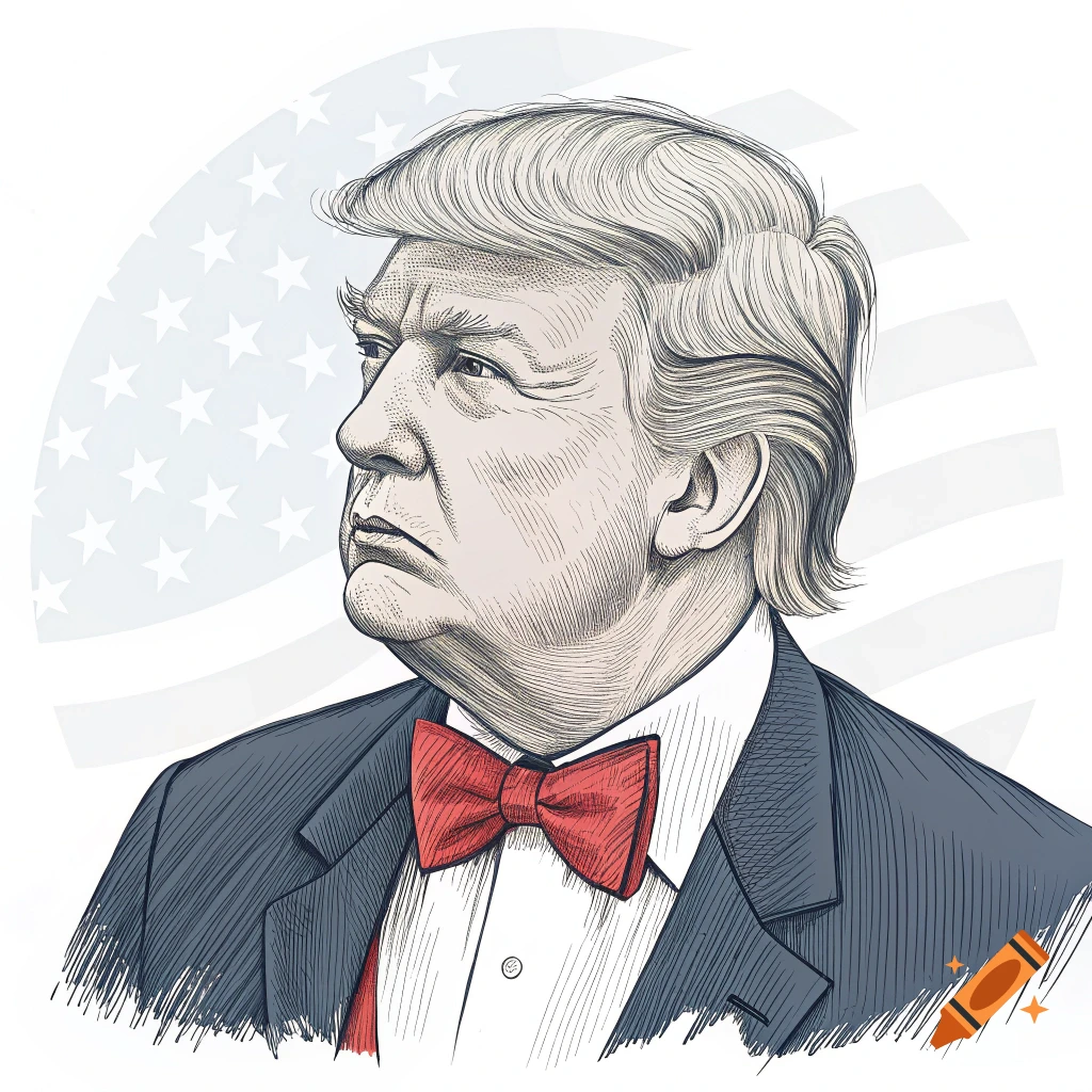 Illustration of Donald Trump in a suit and red bow tie against a star-patterned background.