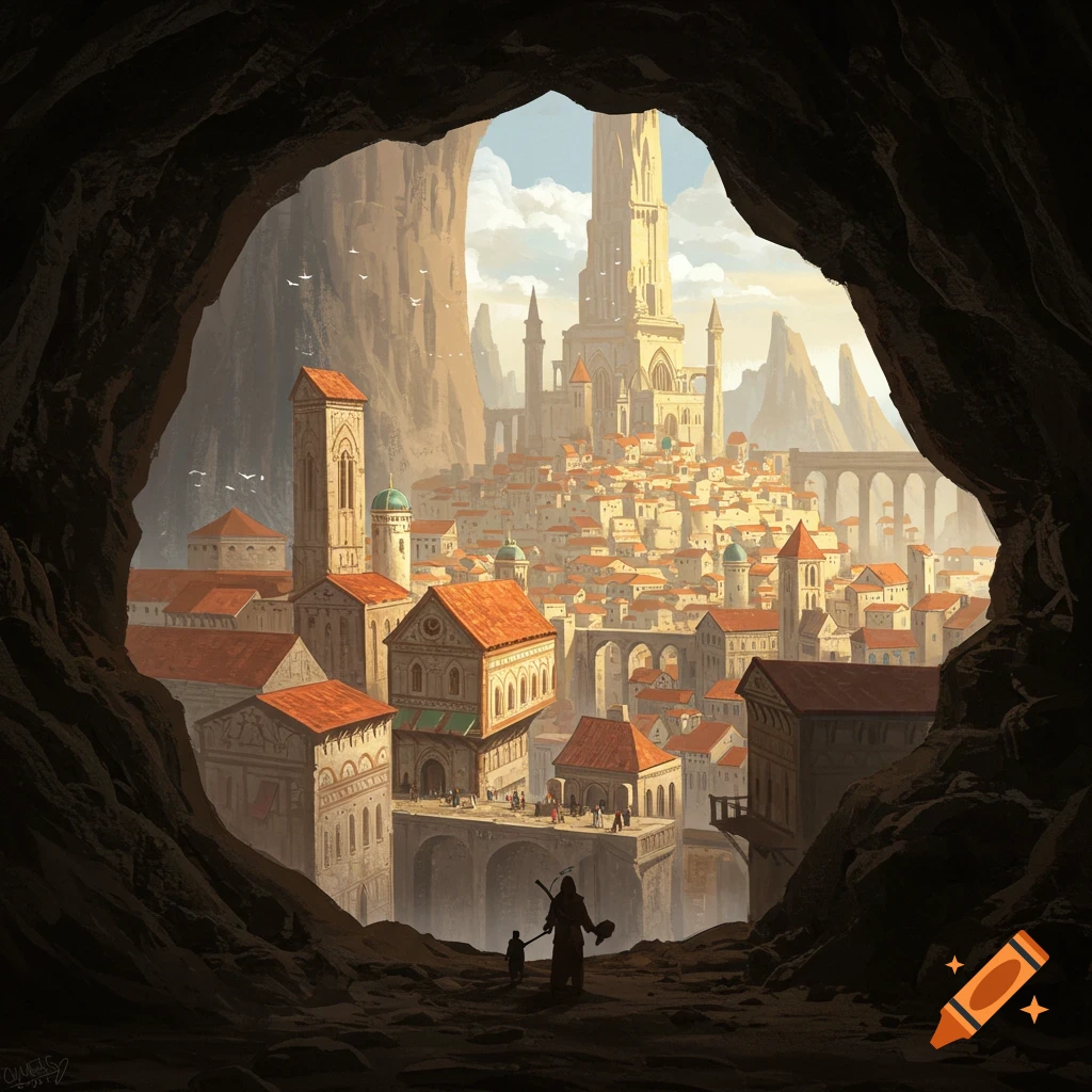 View from a cave opening overlooking a massive medieval fantasy city with a tall tower in the background, with two figures in the foreground.