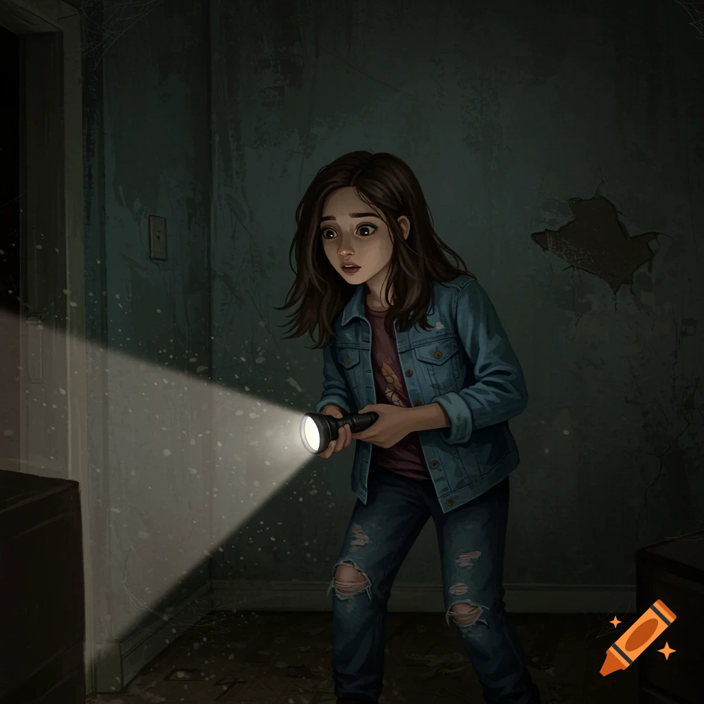Illustration of a girl with a flashlight searching a dark, abandoned room.