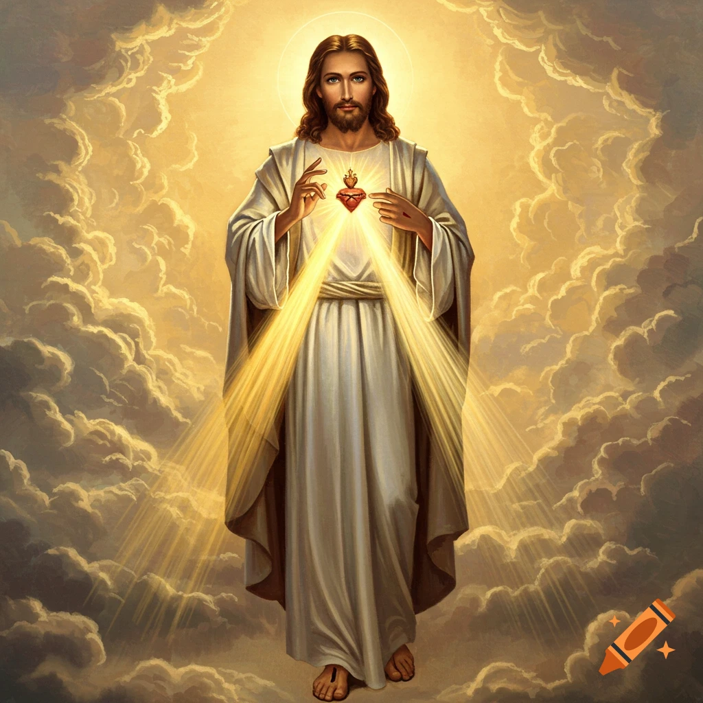 Jesus standing in clouds with sacred heart and light rays