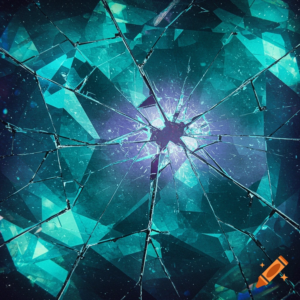 Close-up of a fractured teal and purple crystal surface with light from cracks.