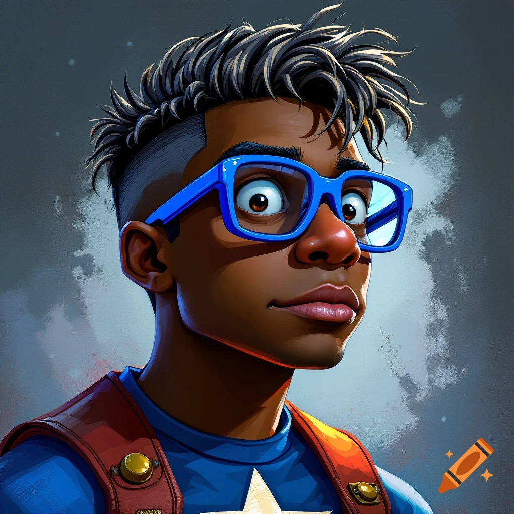 Cartoon portrait of a Black person wearing blue glasses, a spiky haircut, and a Captain America shirt.