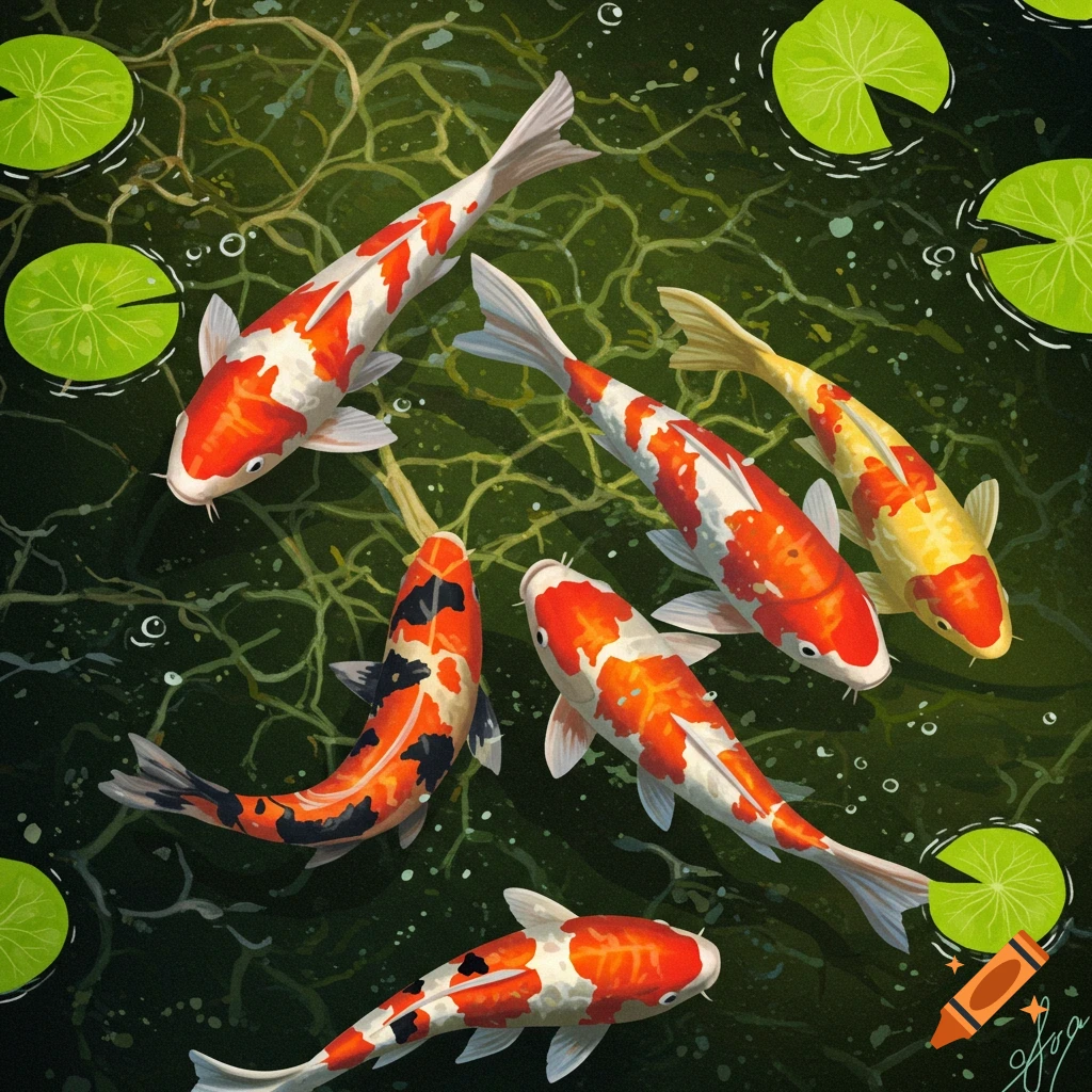 Several colorful koi fish swim in green water with lily pads, in an illustrative style.