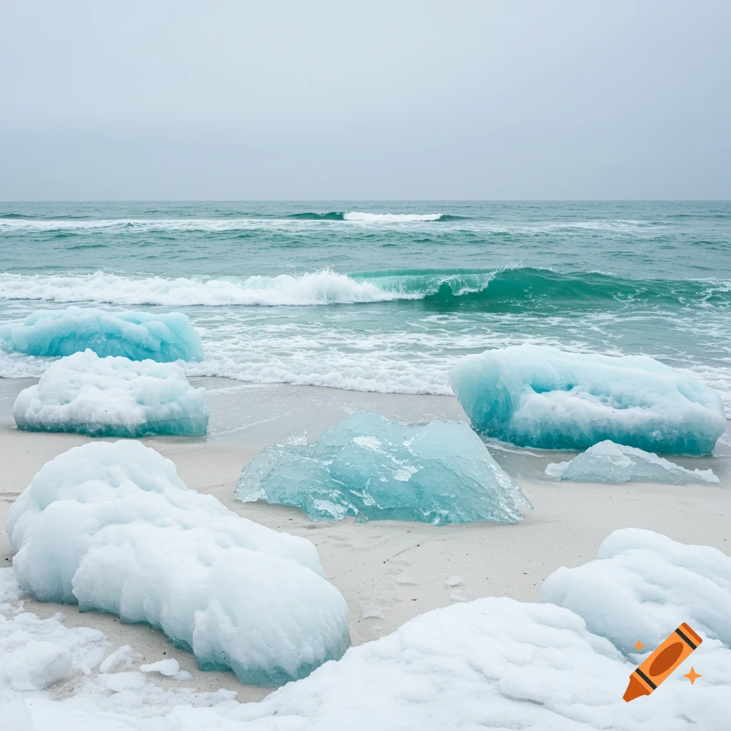 Beach with chunks of blue ice and ocean waves.