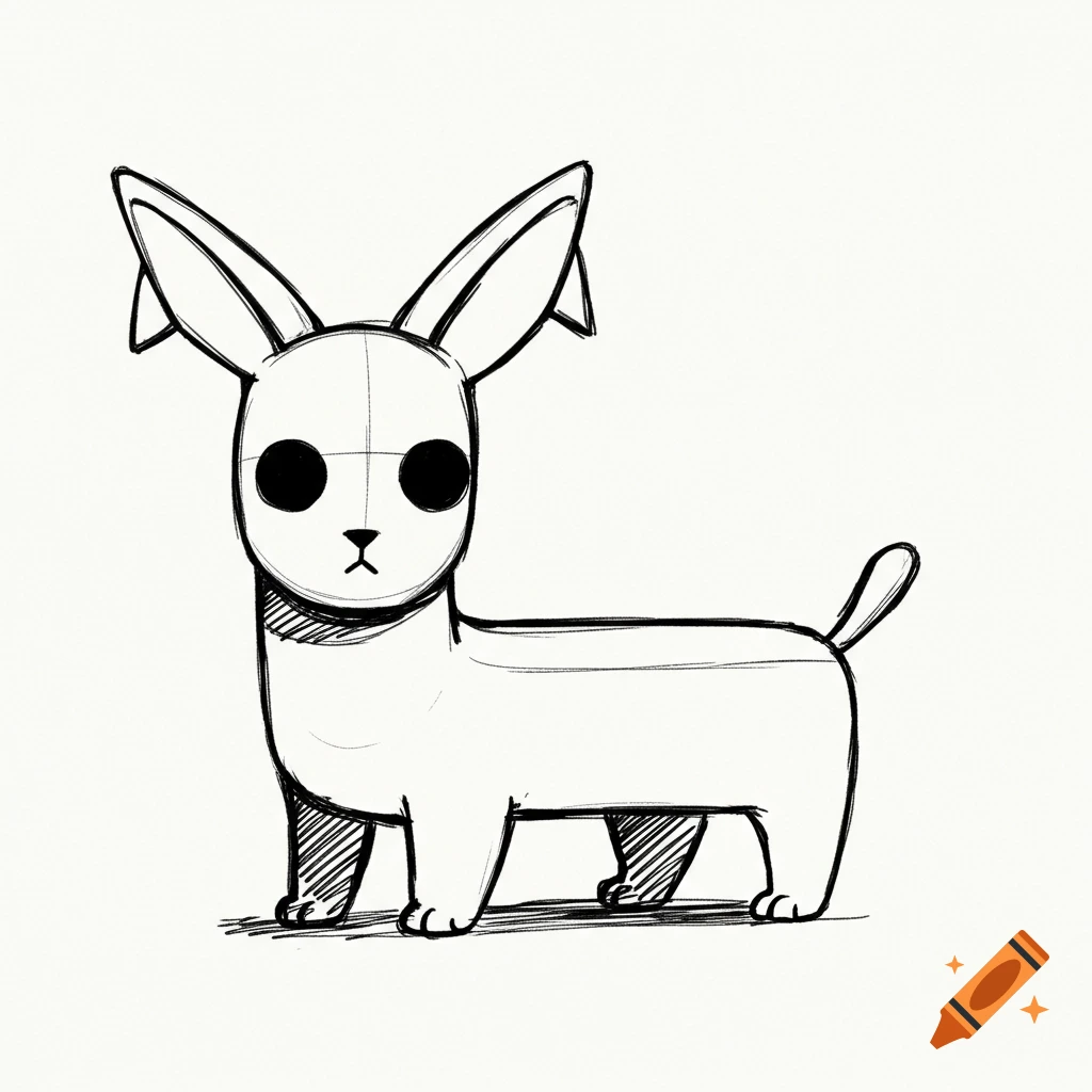 A simple sketch of a cartoon dog-like creature with large ears and a rectangular body.