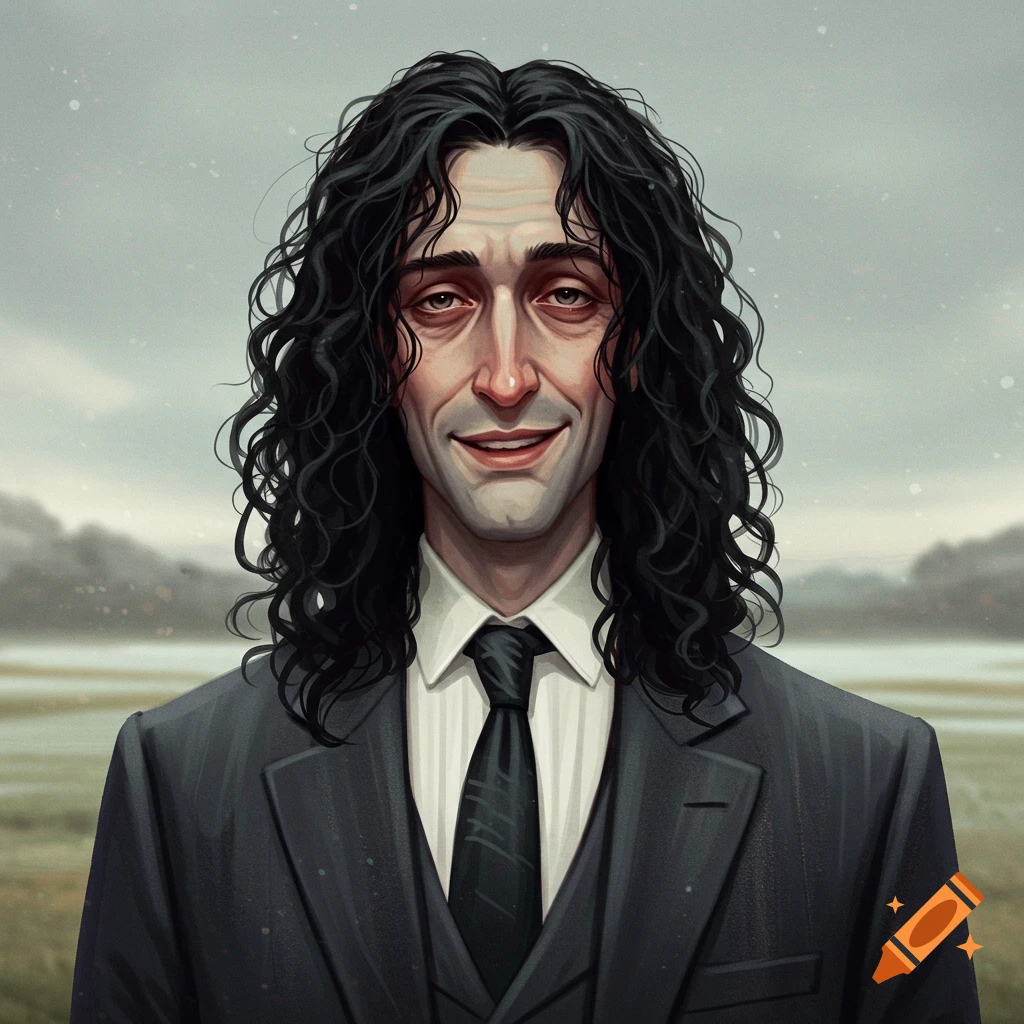 Illustrative portrait of a man with long dark curly hair wearing a suit and tie, smiling slightly.