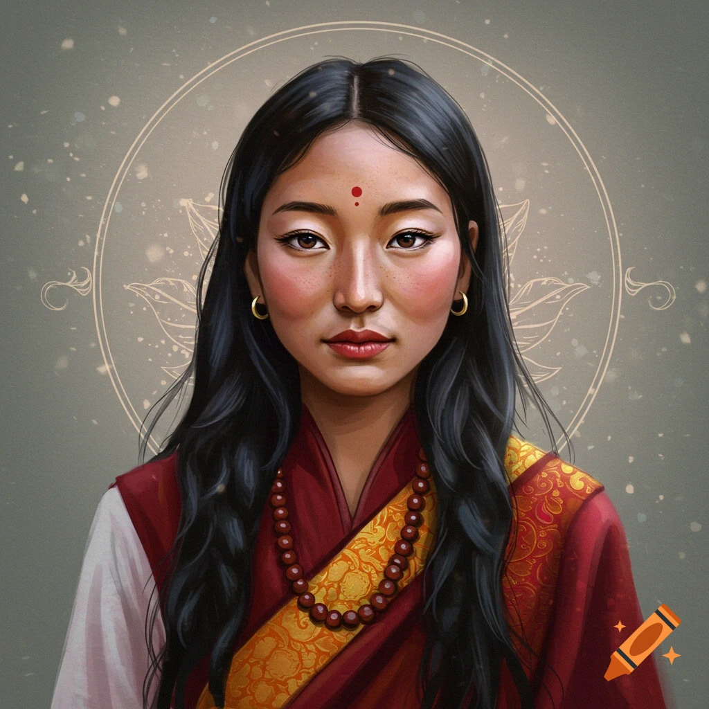 Portrait of a woman in traditional red robes and beads with a spiritual background.