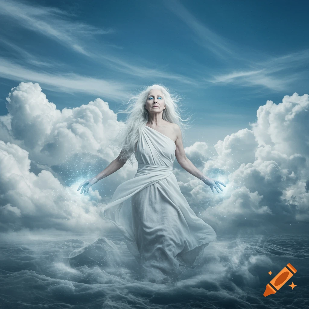 A woman with white hair and glowing hands stands among clouds.