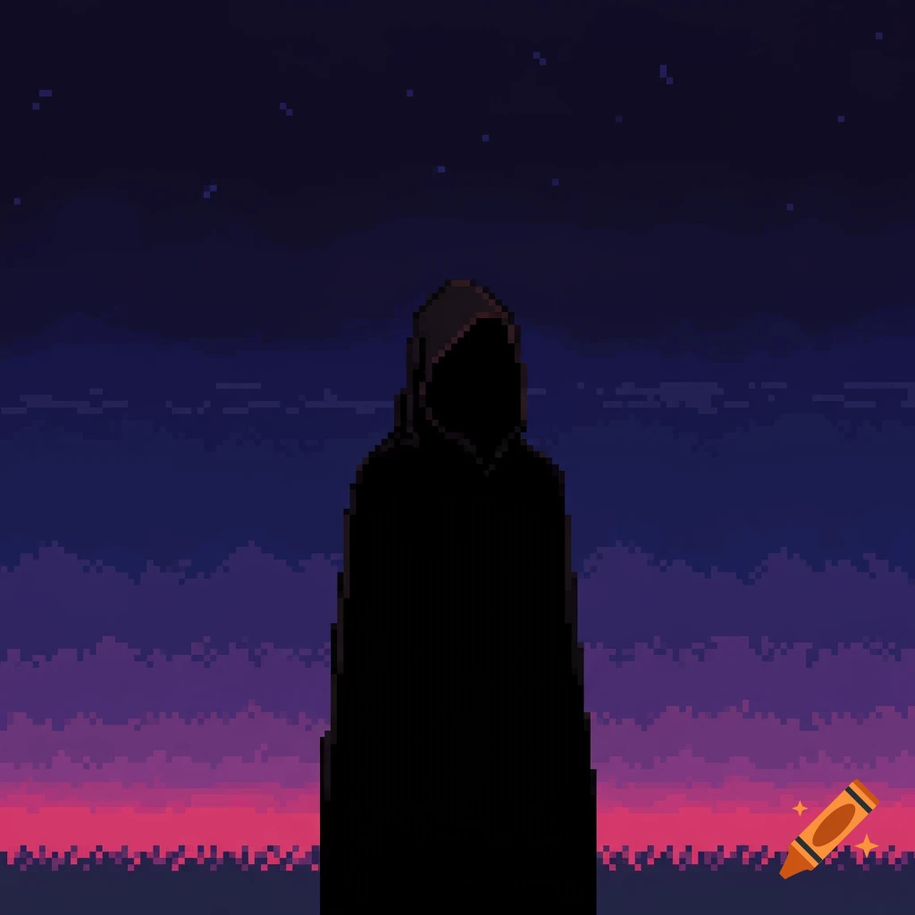 Silhouetted figure in a black hooded robe against a pixelated twilight sky in pixel art style.